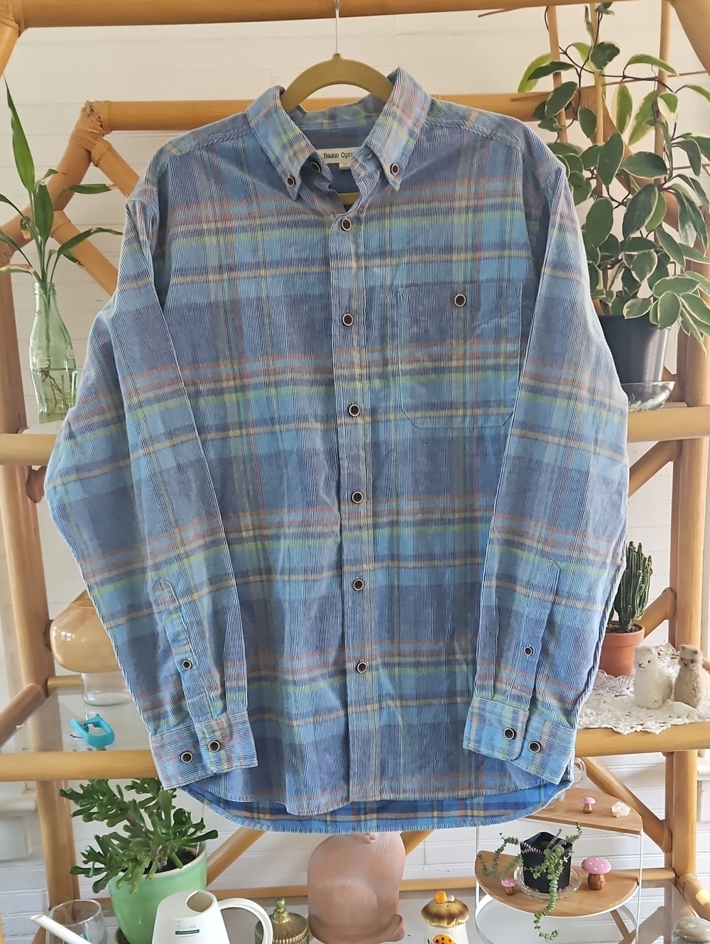 Casual Blue Plaid Corduroy Button-Down Shirt - Basic Options